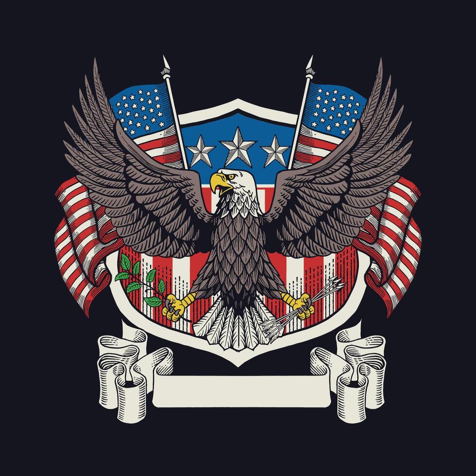 American Eagle Hand Drawn Illustration with Shield and Ribbon vector