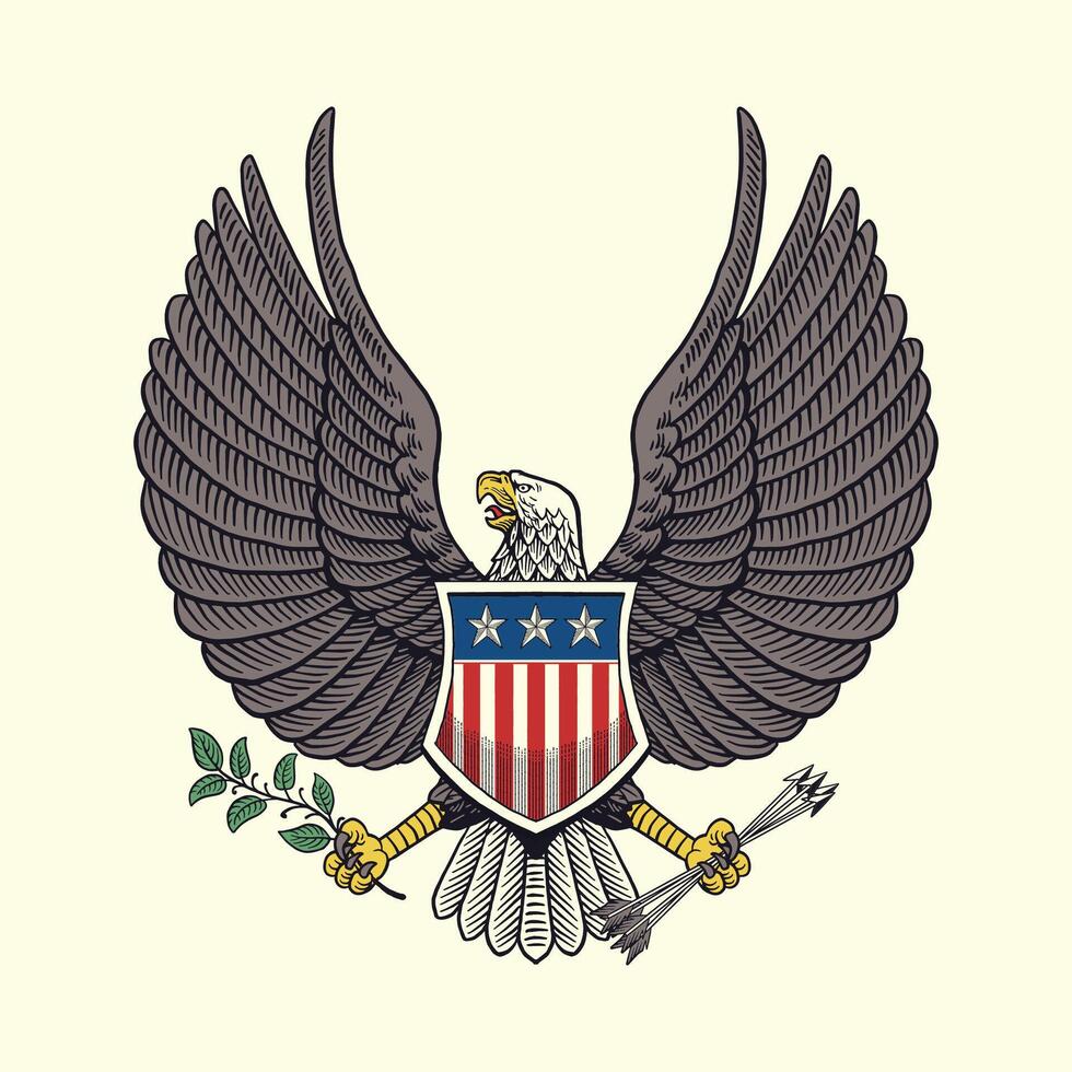 Vintage Hand Drawn Illustration of American Eagle Holding an Olive Branch And Arrows vector