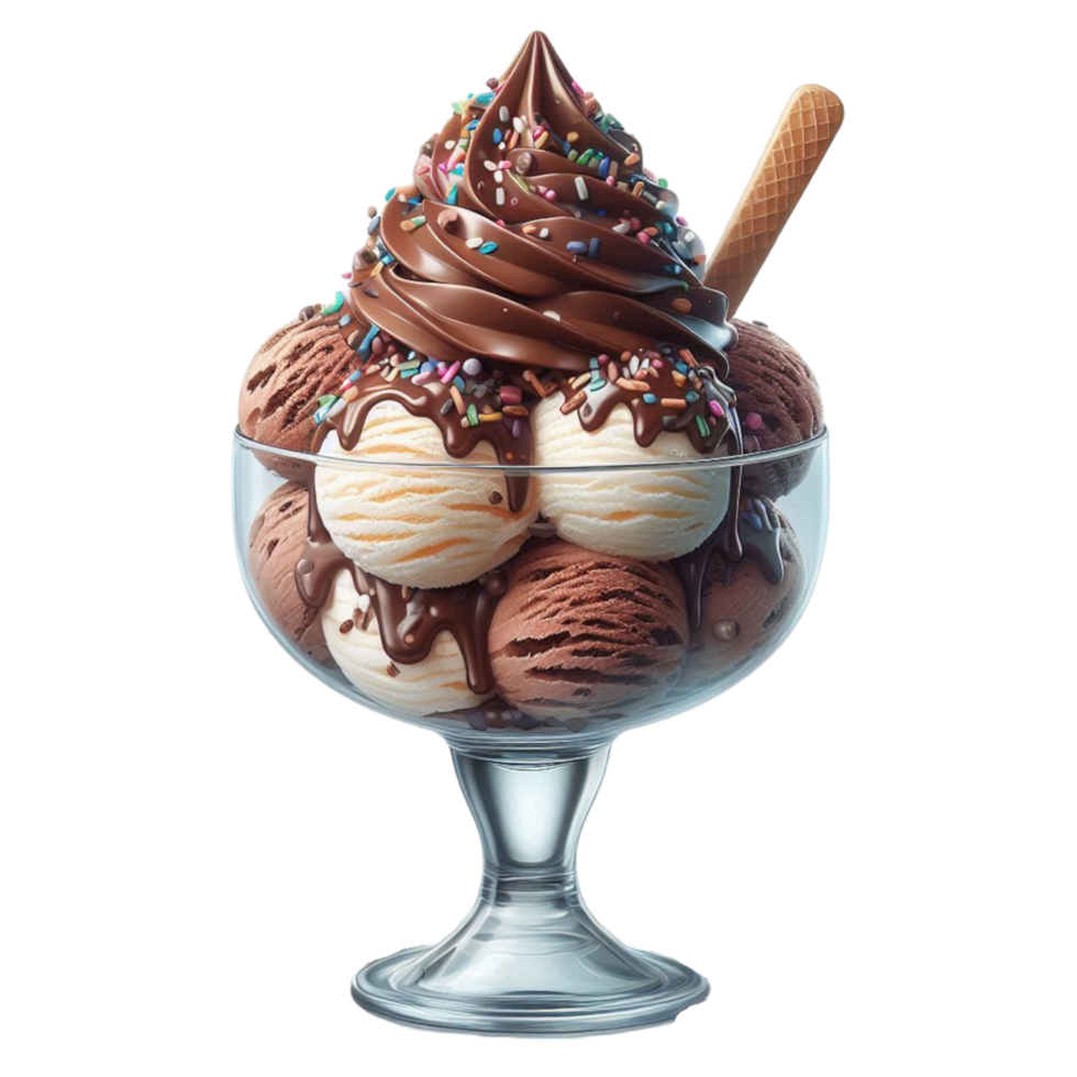 Generated Ai Chocolate ice cream sundae topped with syrup and sprinkles png