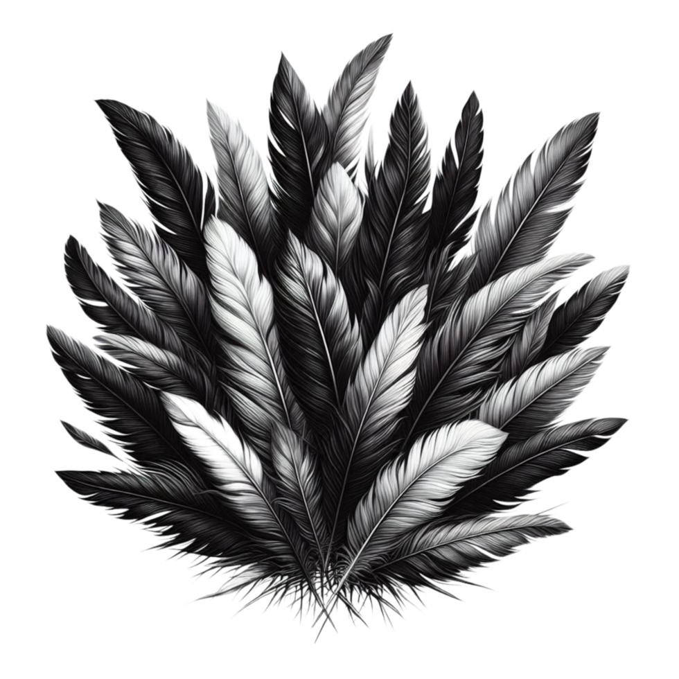 Generated Ai a black and white drawing of a feather that has the word feather on it png