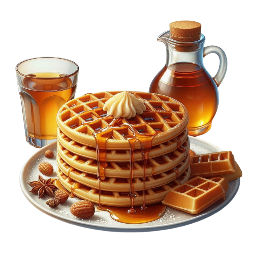 Generated Ai A plate of golden waffles topped with syrup png