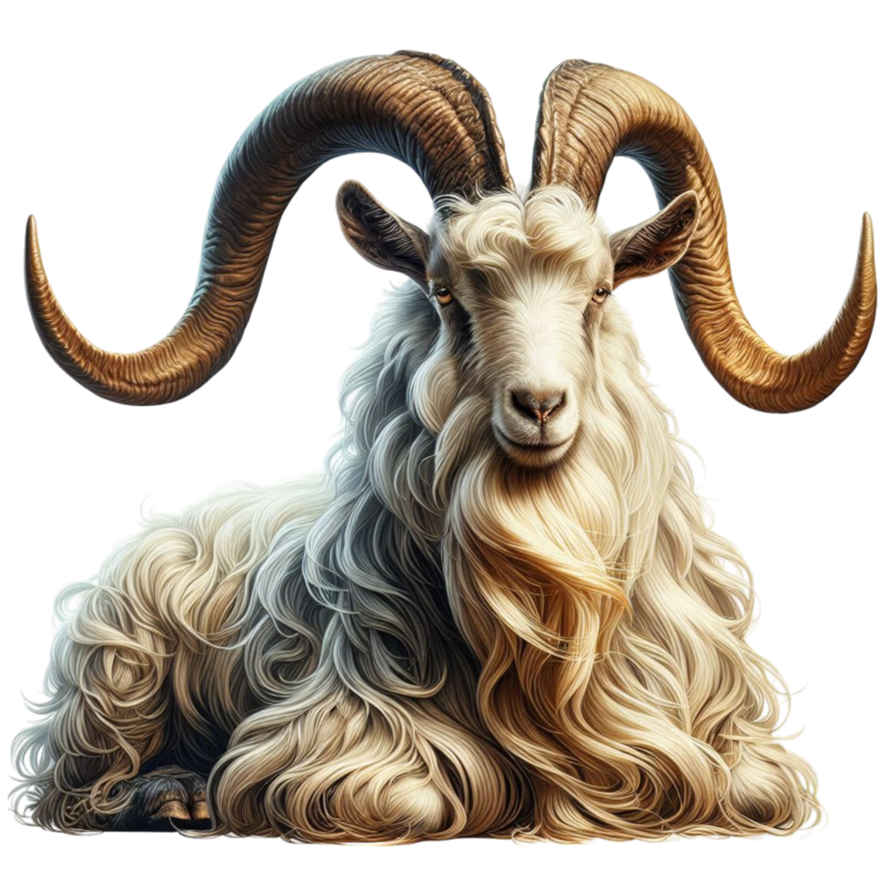 Generated Ai A goat with long horns sitting down png
