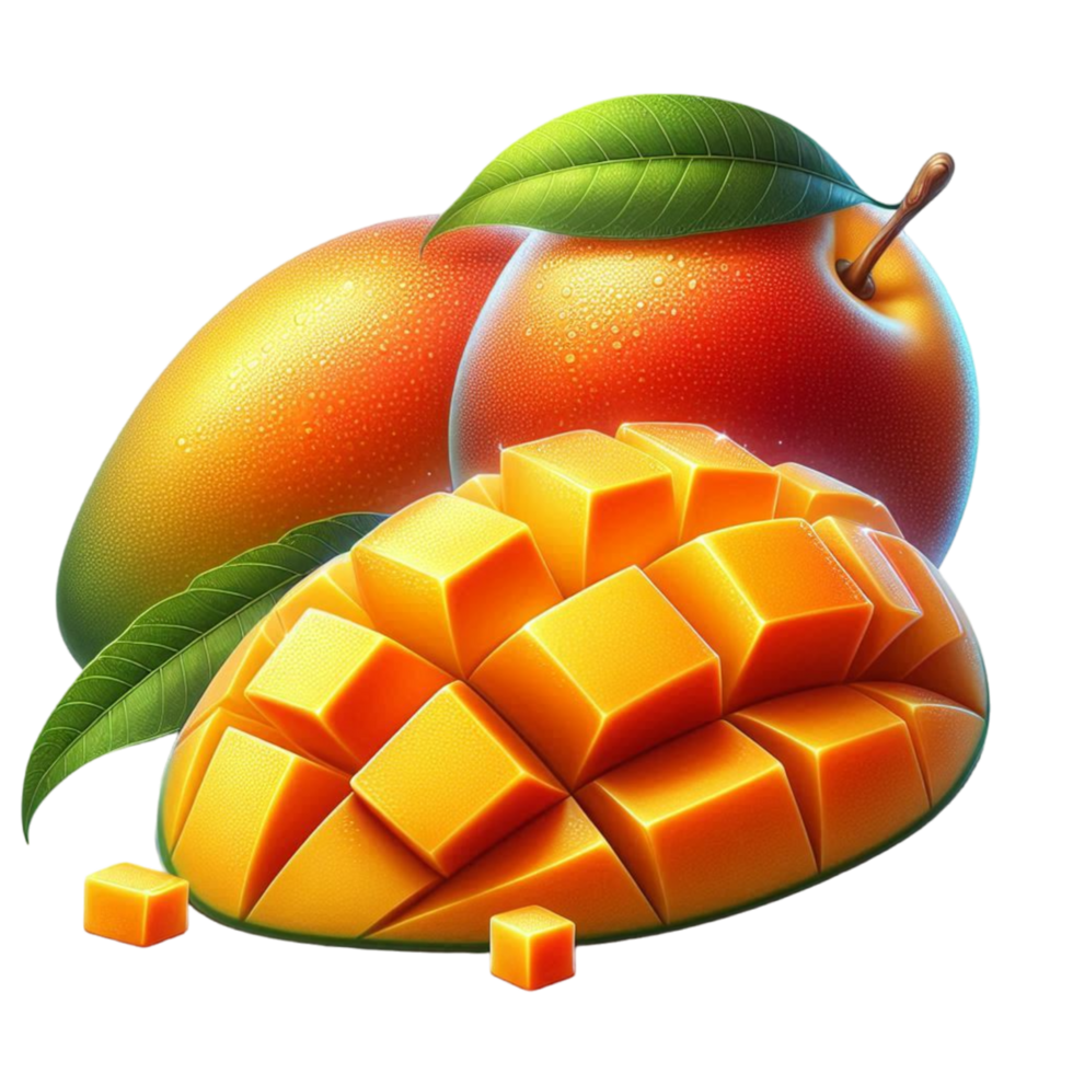 Generated Ai Ripe mango fruit with green leaves and slices of mango png