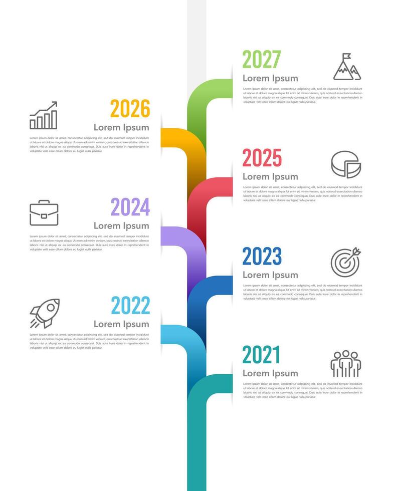 Infographic timeline of 7 important events in business vertical template. Business presentation, Planning, Report, Data and Milestone. vector