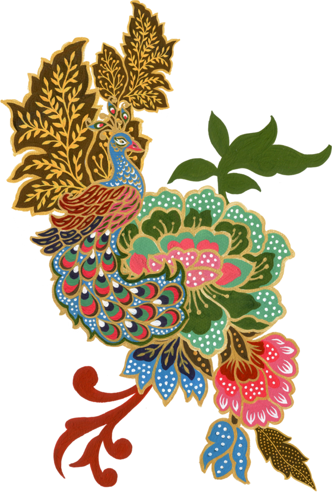 Elements motif bouquet flower indian folk art animal bird peacock png