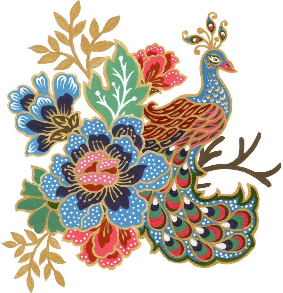 Elements motif bouquet flower indian folk art animal bird peacock png