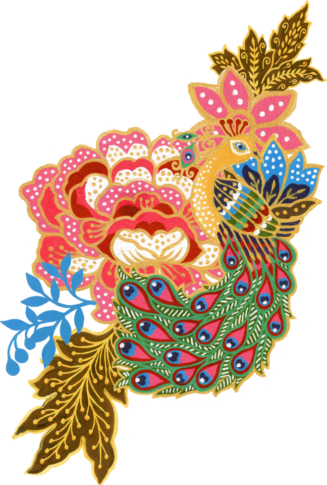 Elements motif bouquet flower indian folk art animal bird peacock png