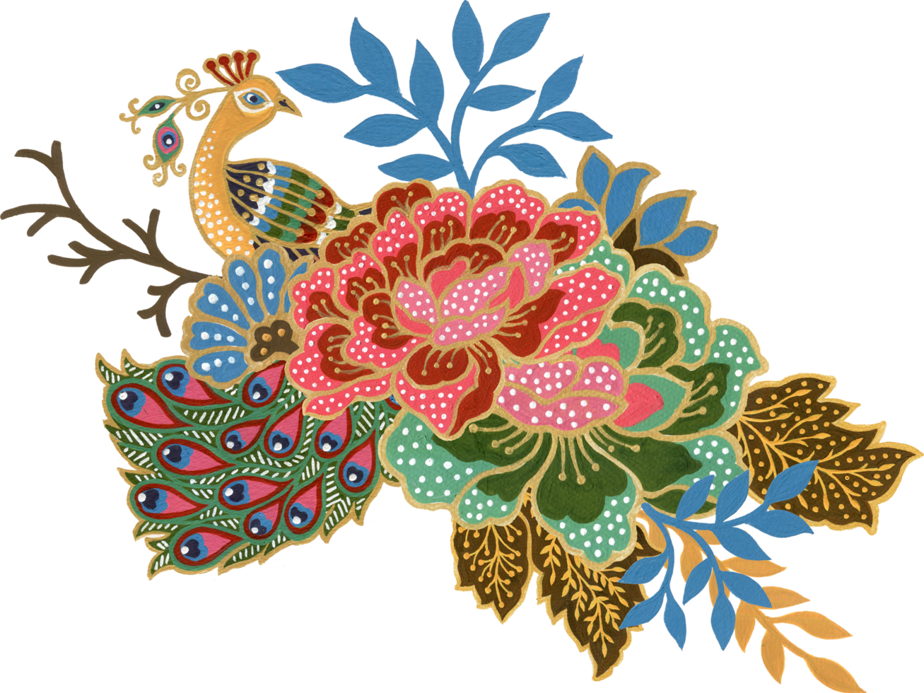 Elements motif bouquet flower indian folk art animal bird peacock png