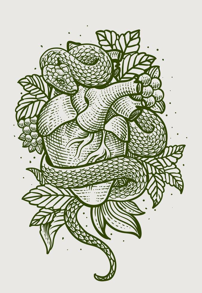 Illustration heart snake with engraving hand drawn style - illustration vector