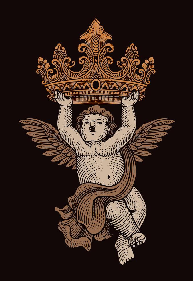 Illustration cupid angel holding crown engraving hand drawn style - Eps 10. vector