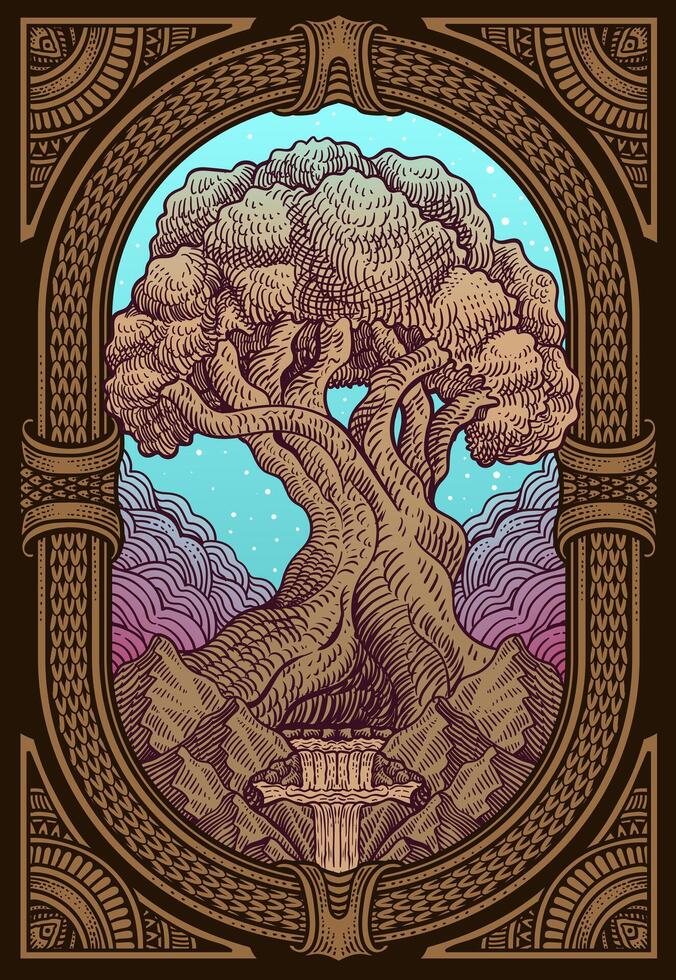 Illustration tree of life engraving ornament hand drawn style - illustration vector