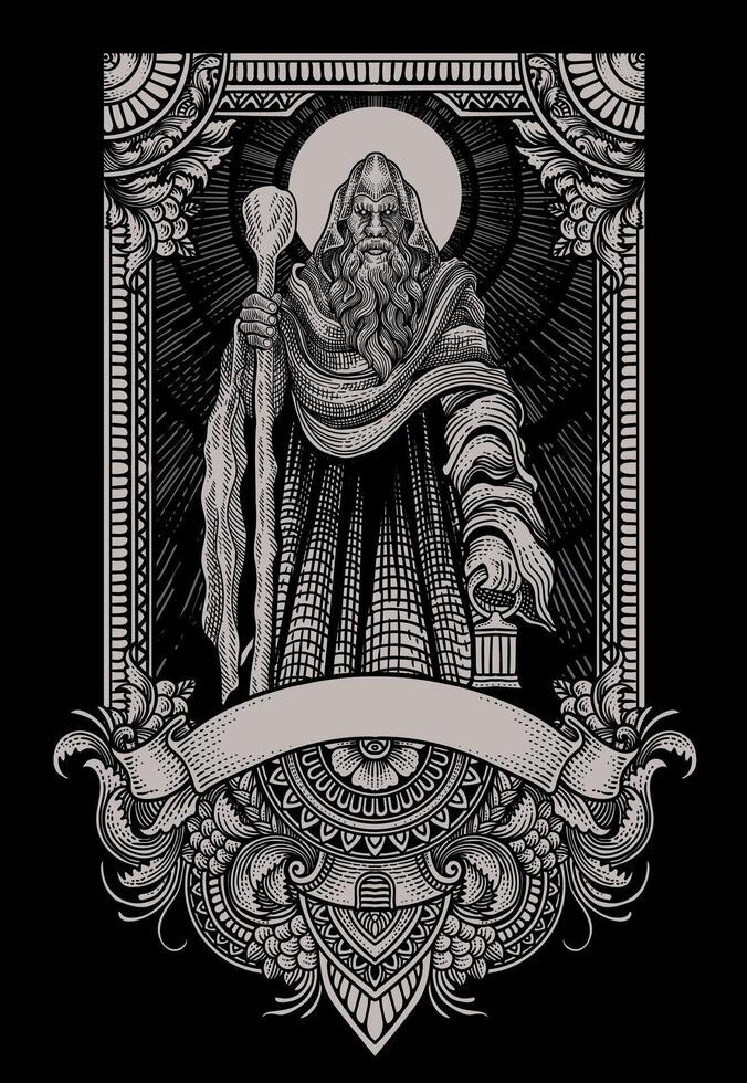 Illustration elder wizard with engraving ornament frame - illustration vector