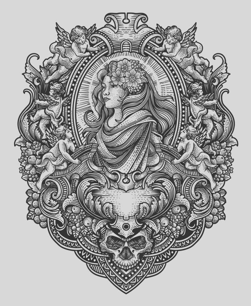 Illustration beautiful lady on antique engraving ornament frame - Eps 10 vector