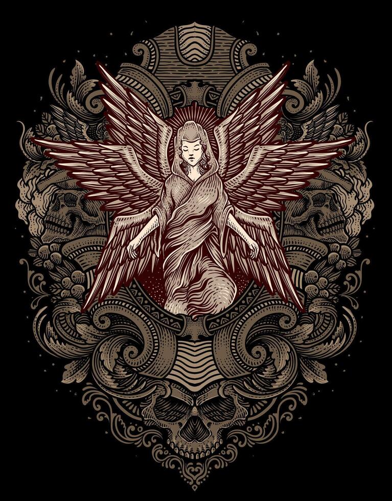 Vintage illustration angel on antique engraving ornament frame vector