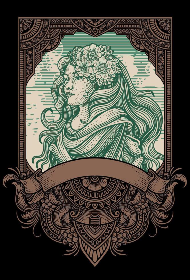 Illustration beautiful lady on antique engraving ornament frame - Eps 10 vector