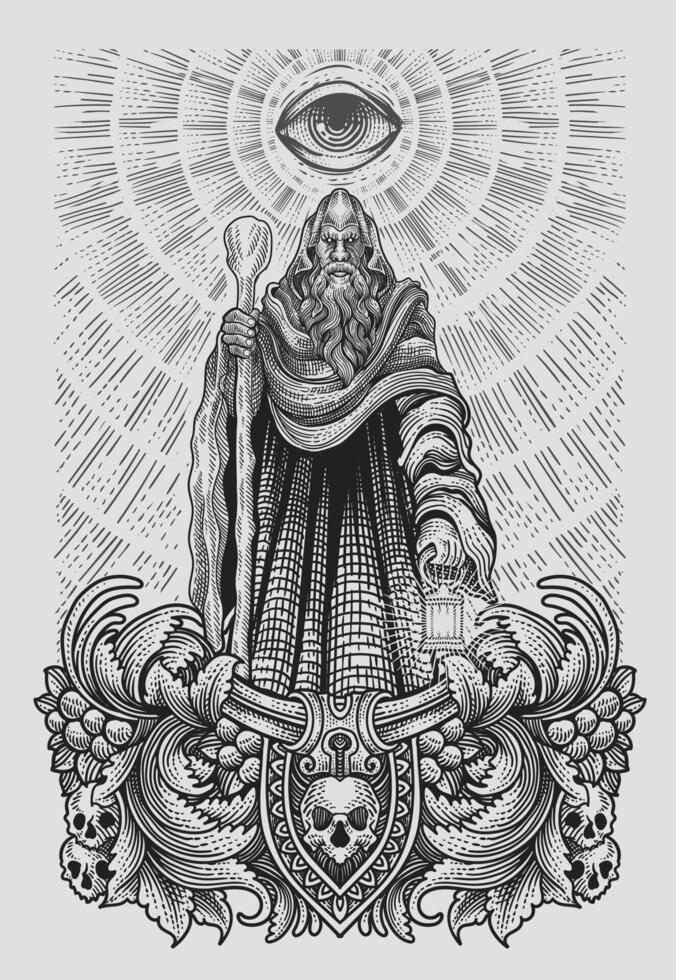 Illustration elder wizard with engraving ornament frame - Eps 10 vector