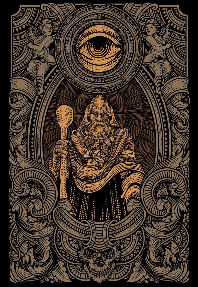 Illustration elder wizard with all seeing eye on engraving ornament frame - illustration vector