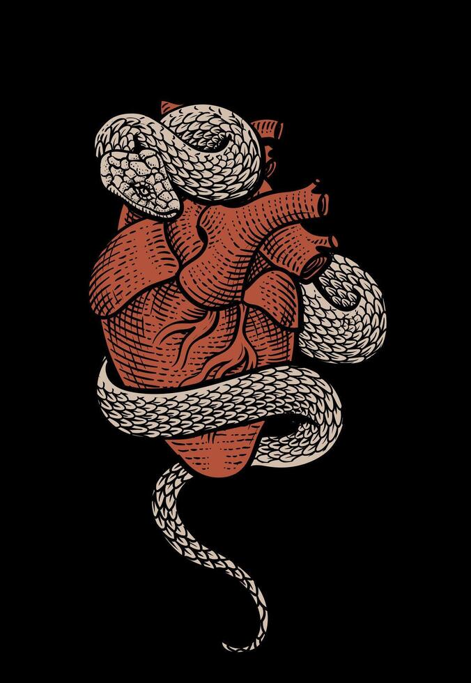 Illustration heart snake, hand drawn on black background - Eps 10 vector