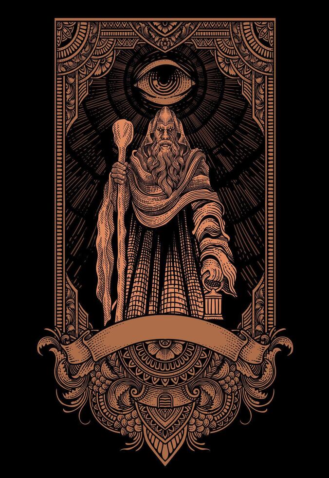 Illustration elder wizard with engraving ornament frame - illustration vector