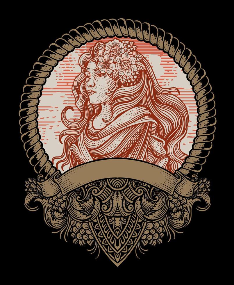 Illustration beautiful lady on antique engraving ornament frame - illustration vector