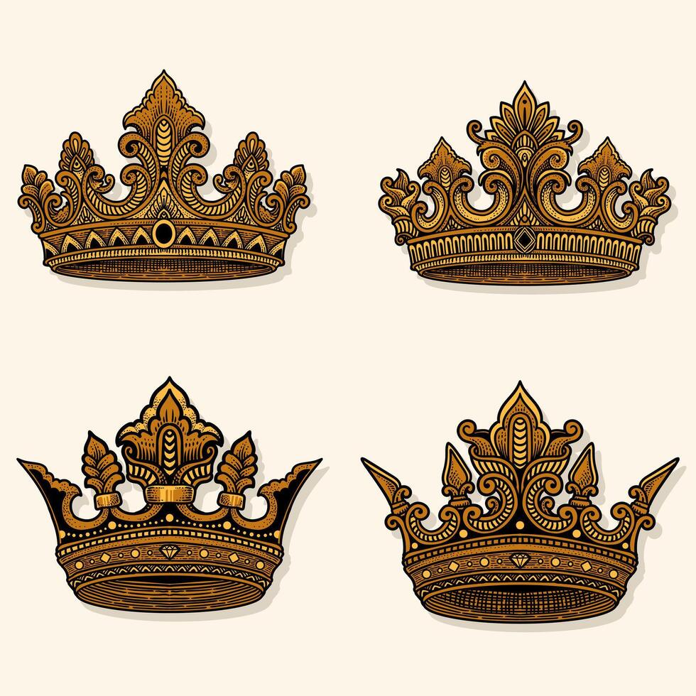 Set crown engraving hand drawn style - Eps 10 vector