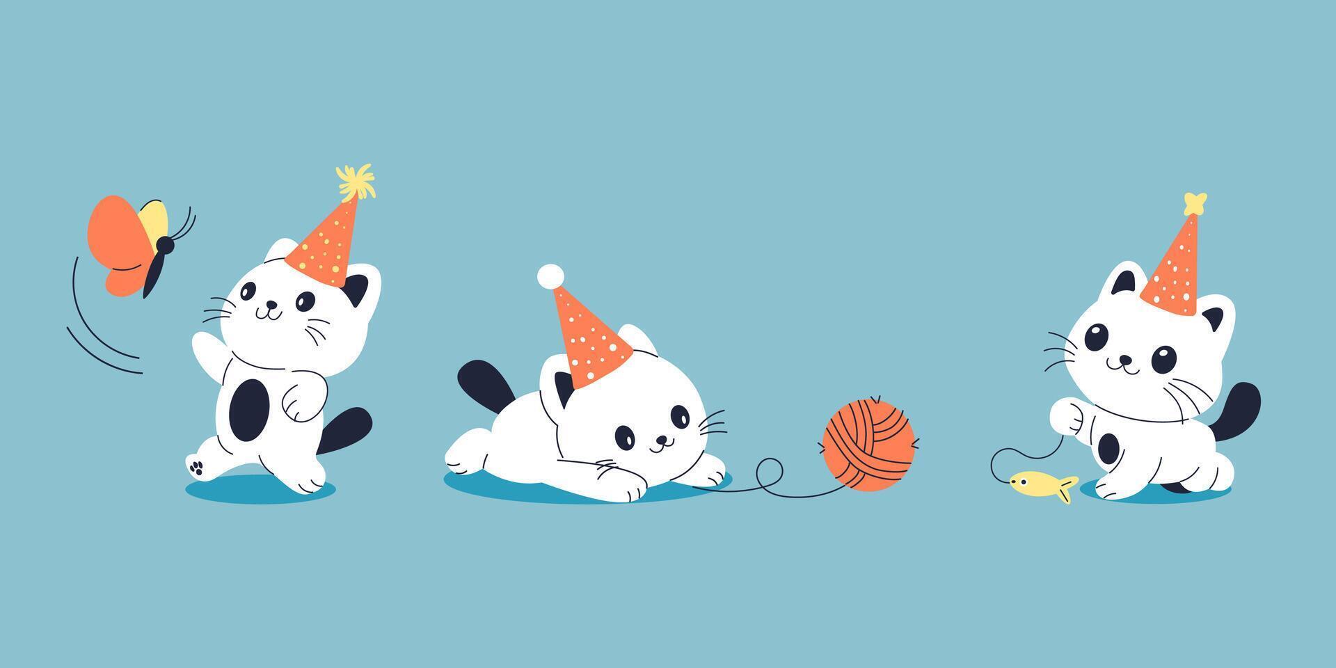 Cute birthday playful cat cartoon character vector