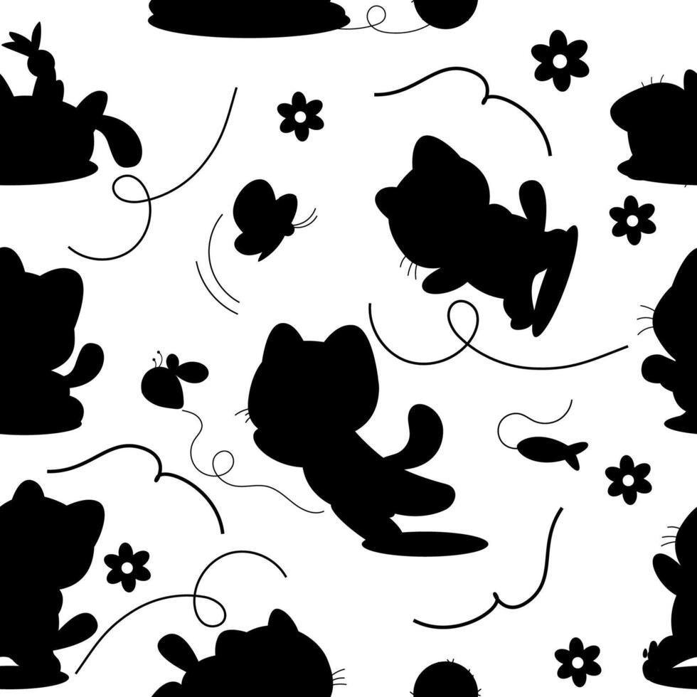 Seamless pattern character cartoon silhouette cat vector