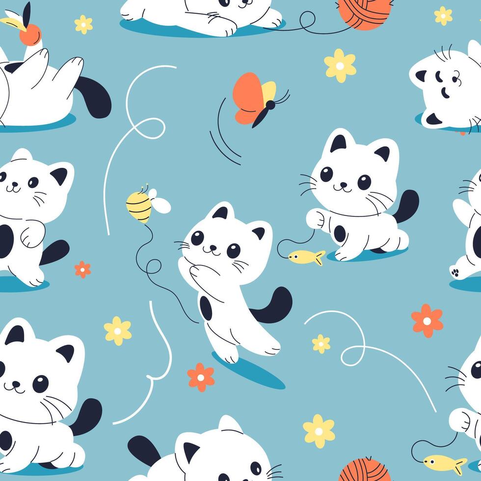 Seamless pattern character cartoon playful cat vector