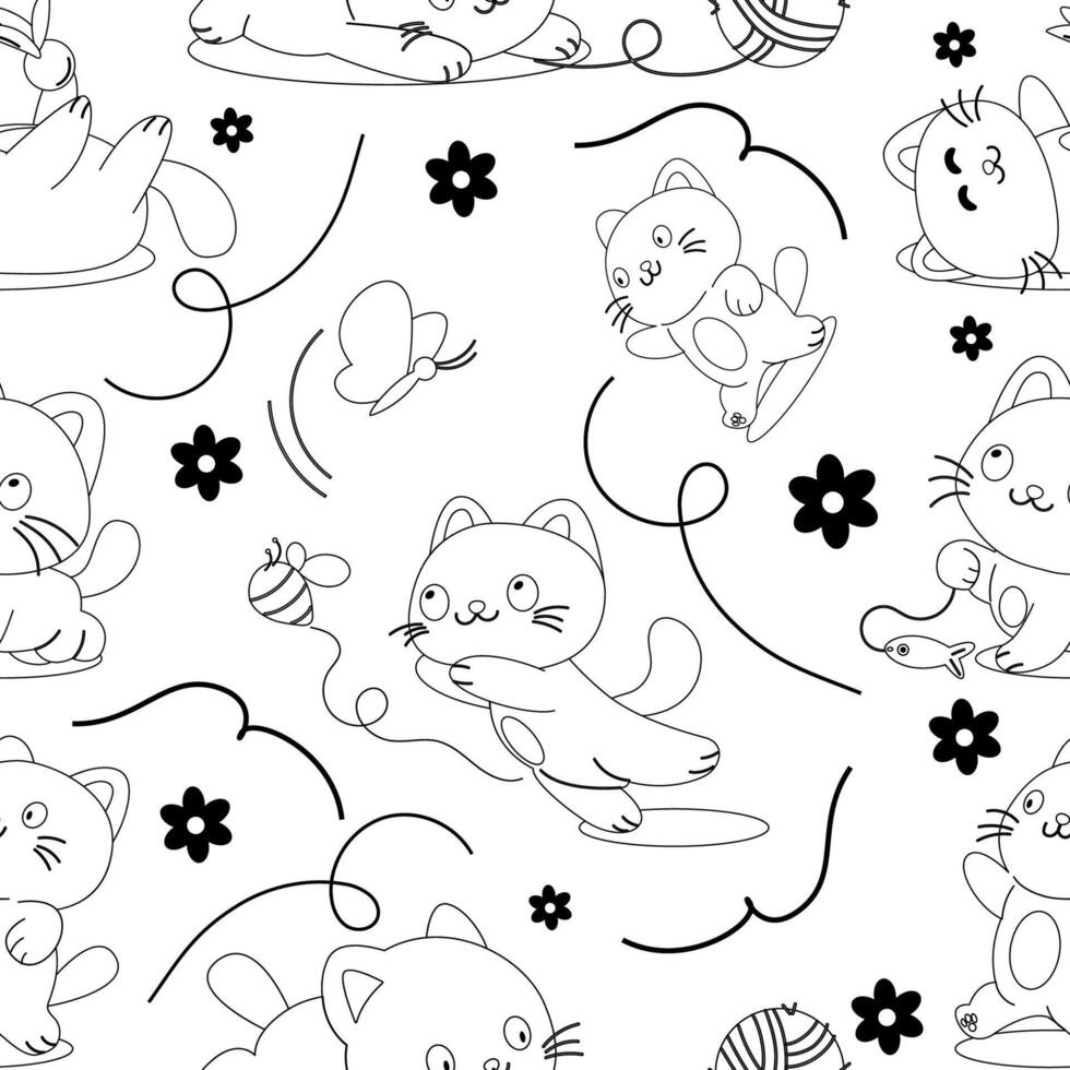 Seamless pattern character cartoon outline playful cat vector