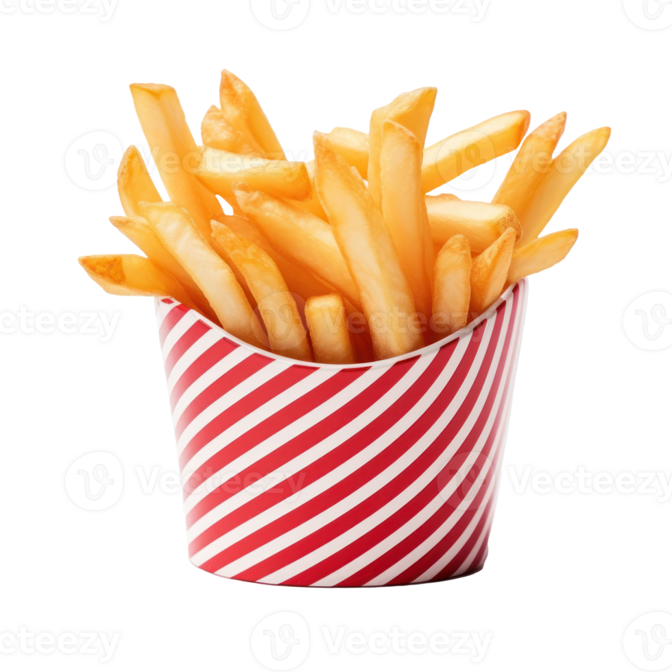Golden French Fries in Striped Red and White Box. Crispy Fries in Container. Isolated on Background png