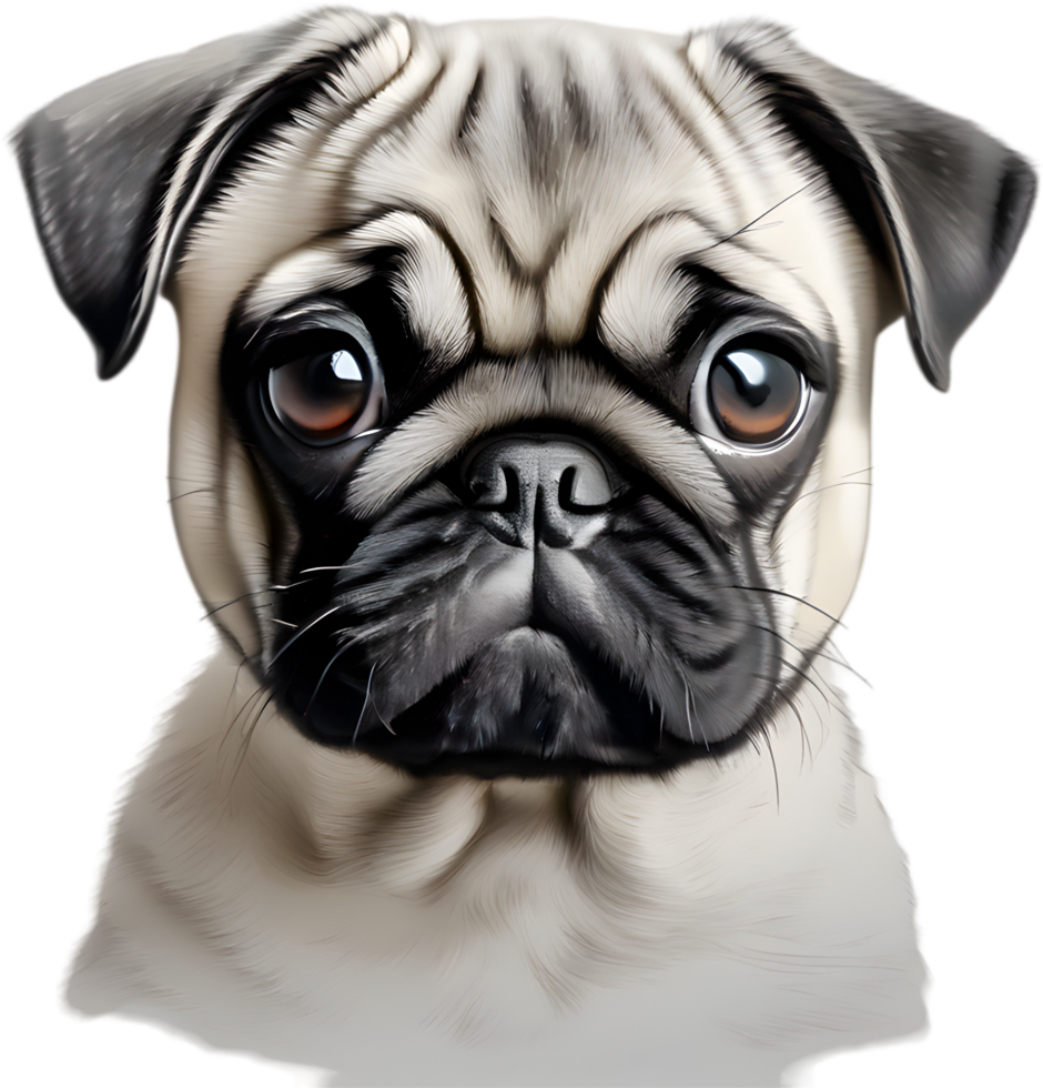 Close up captures Pugs distinctive wrinkled, expressive face. AI-Generated. png