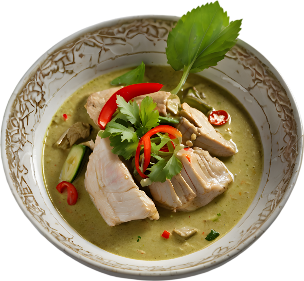 Experience the rich, creamy, and spicy flavors of Gaeng Keow Wan Gai. AI-generated. png