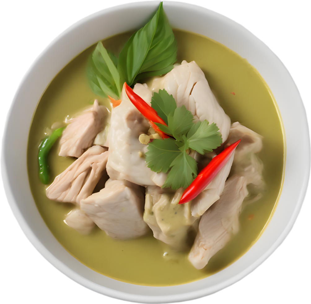 Experience the rich, creamy, and spicy flavors of Gaeng Keow Wan Gai. AI-generated. png