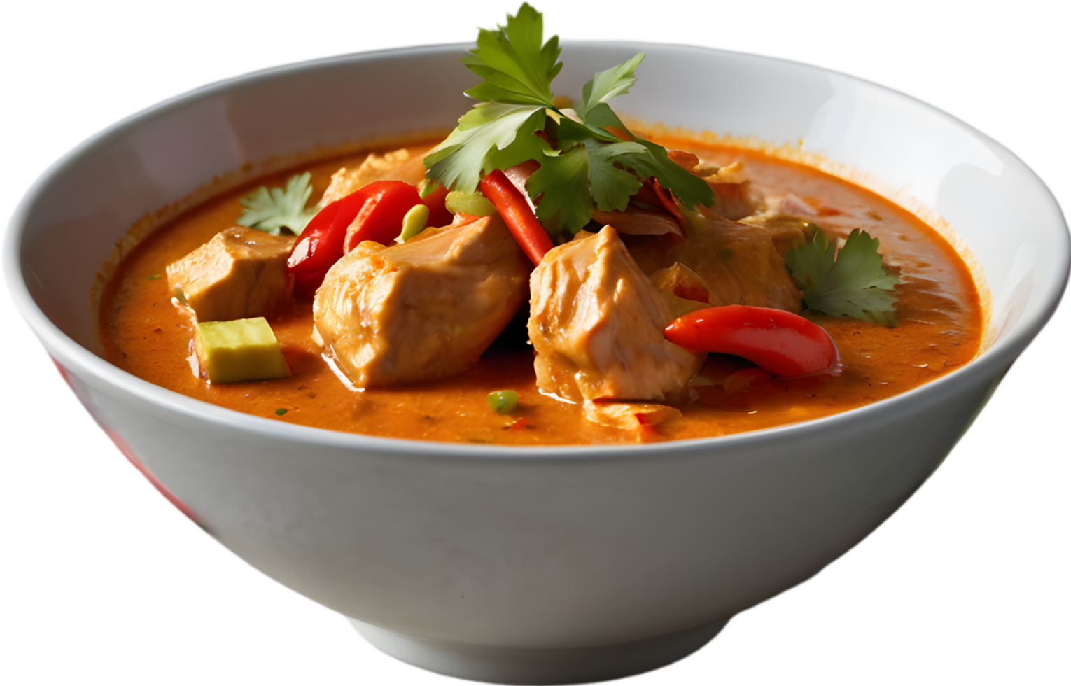 Gaeng Daeng, a flavorful Thai chicken curry with coconut milk base. AI-generated. png
