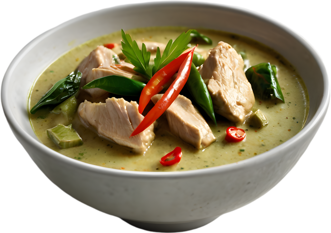 Experience the rich, creamy, and spicy flavors of Gaeng Keow Wan Gai. AI-generated. png
