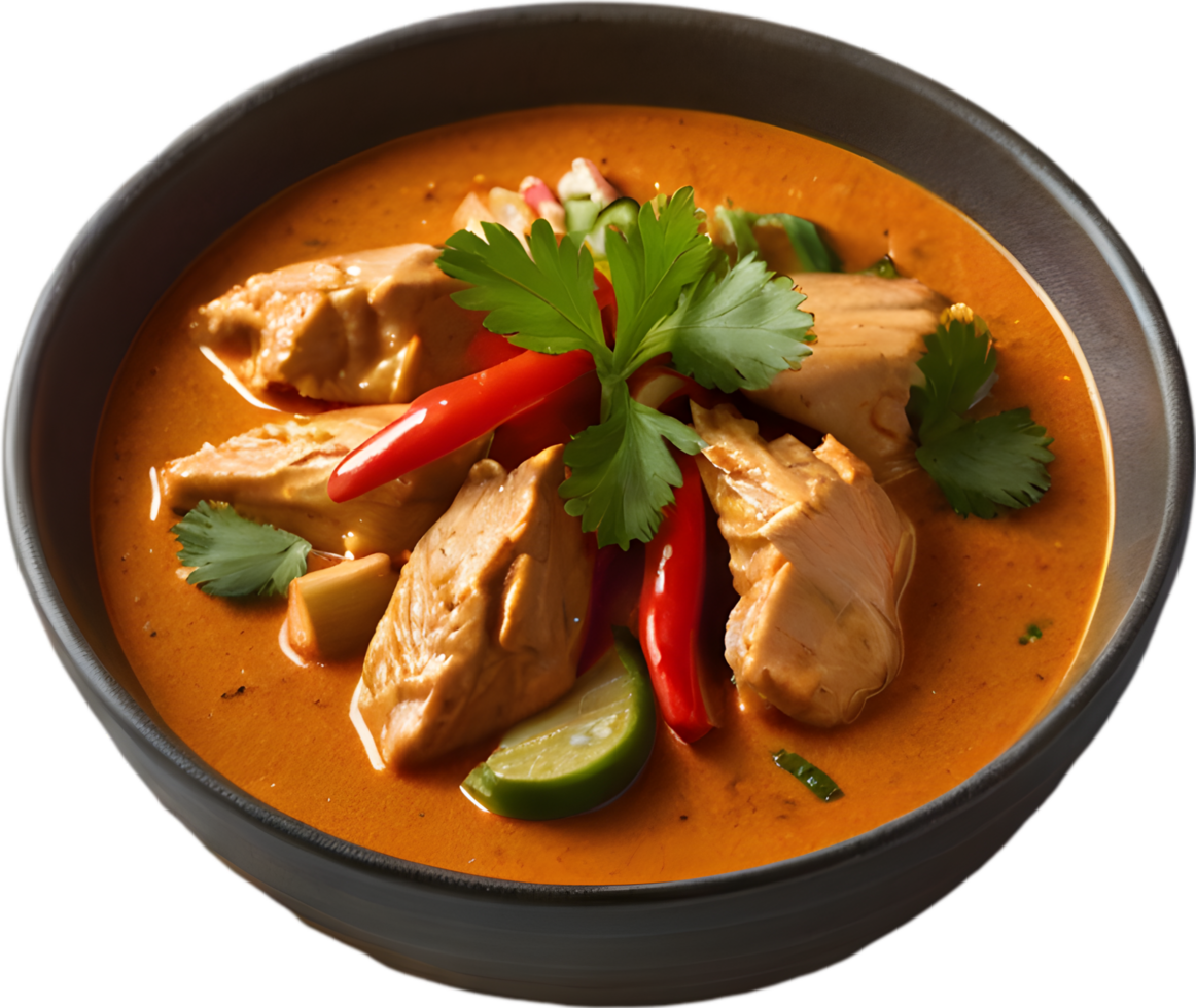 Gaeng Daeng, a flavorful Thai chicken curry with coconut milk base. AI-generated. png