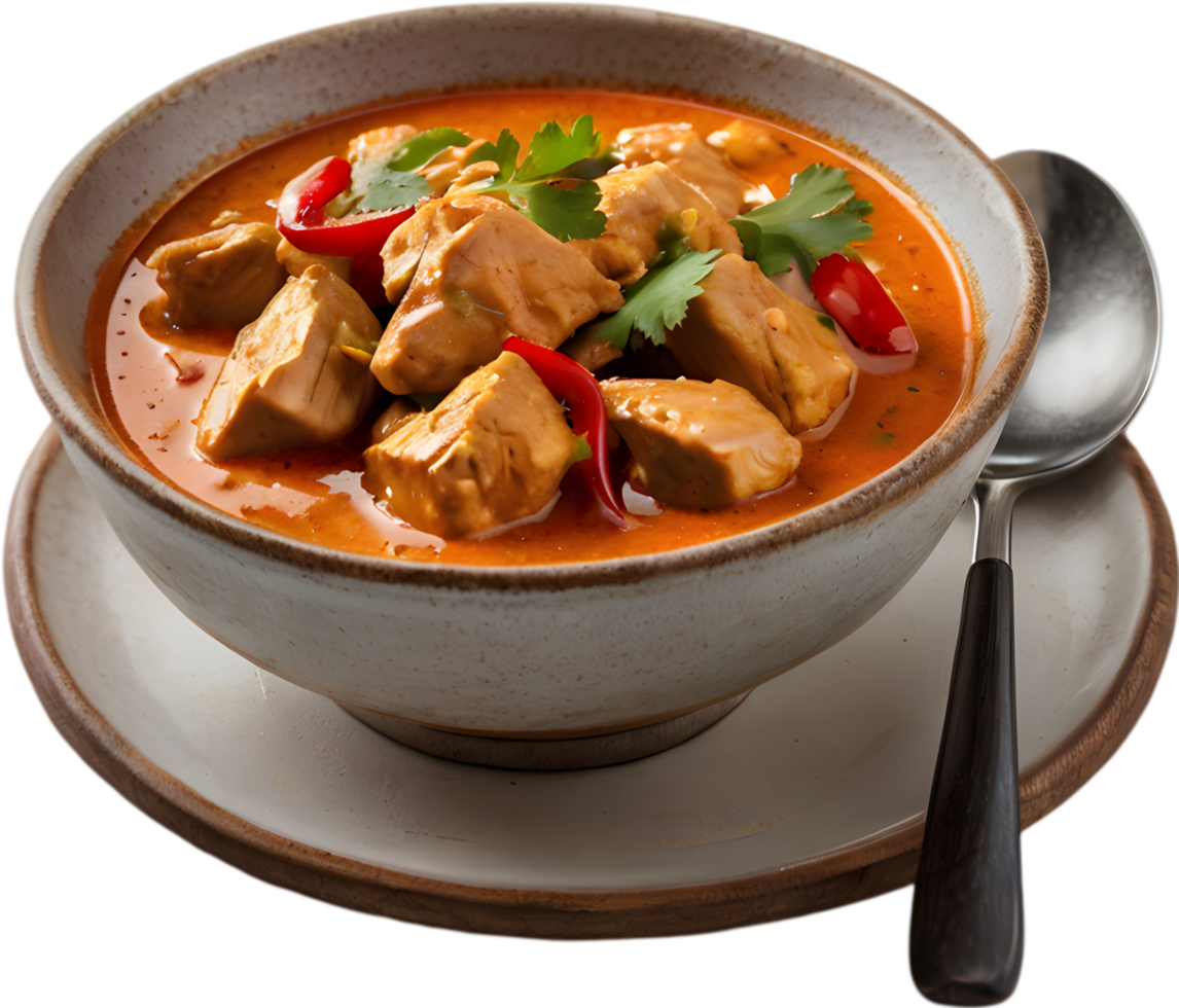 Gaeng Daeng, a flavorful Thai chicken curry with coconut milk base. AI-generated. png