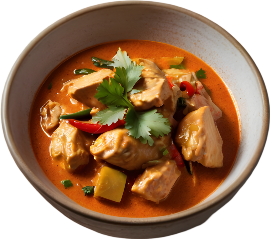 Gaeng Daeng, a flavorful Thai chicken curry with coconut milk base. AI-generated. png
