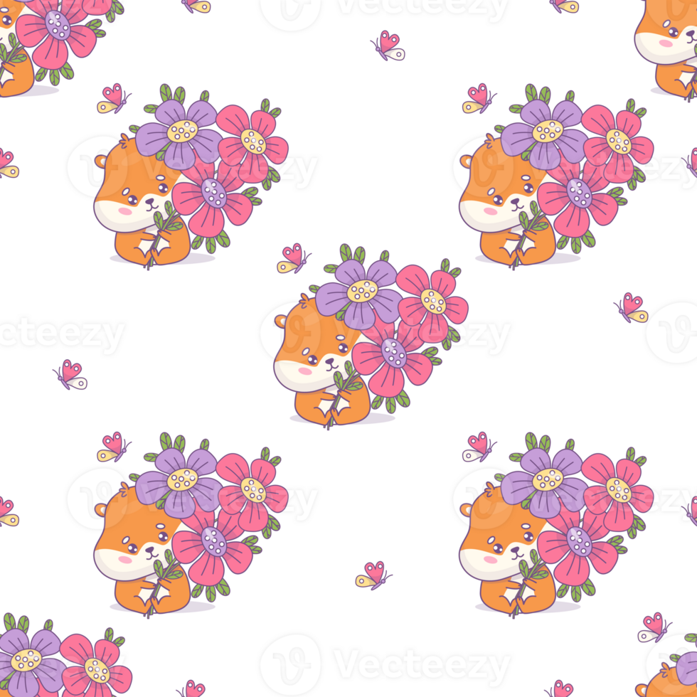 Seamless pattern with hamsters with bouquet flowers png