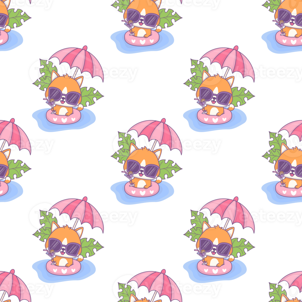 Seamless pattern with cat in sunglasses swims in rubber circle under sun umbrella png