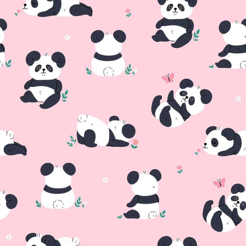 Seamless pattern with cute kawaii pandas on a pink background. graphics. vector