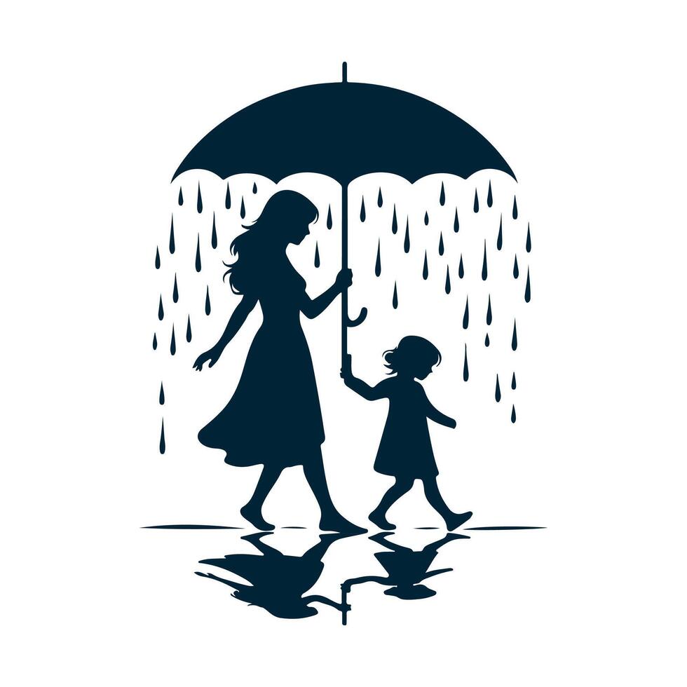 simple design of the silhouette of a child and mother walking under the rain vector
