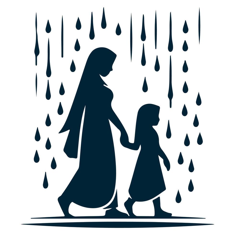 simple design of the silhouette of a child and mother walking under the rain vector