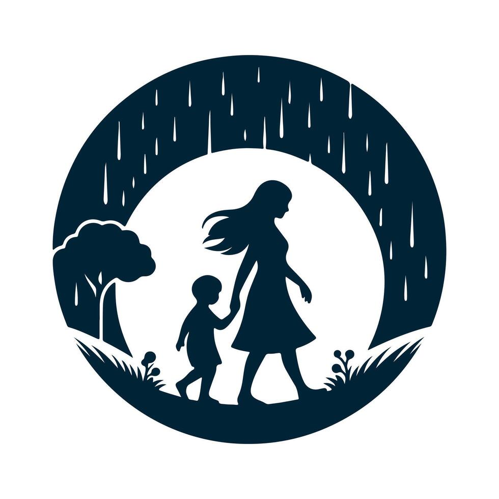 simple design of the silhouette of a child and mother walking under the rain vector
