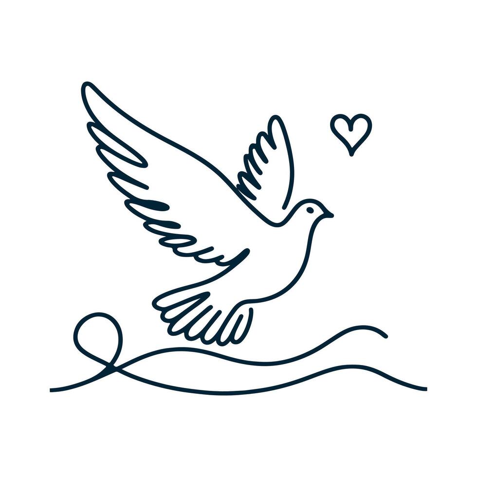 One continuous line drawing of flying up dove. Where, Bird symbol of peace and freedom in simple linear style. Mascot concept for national labor movement icon isolated on white. Doodle illustration vector