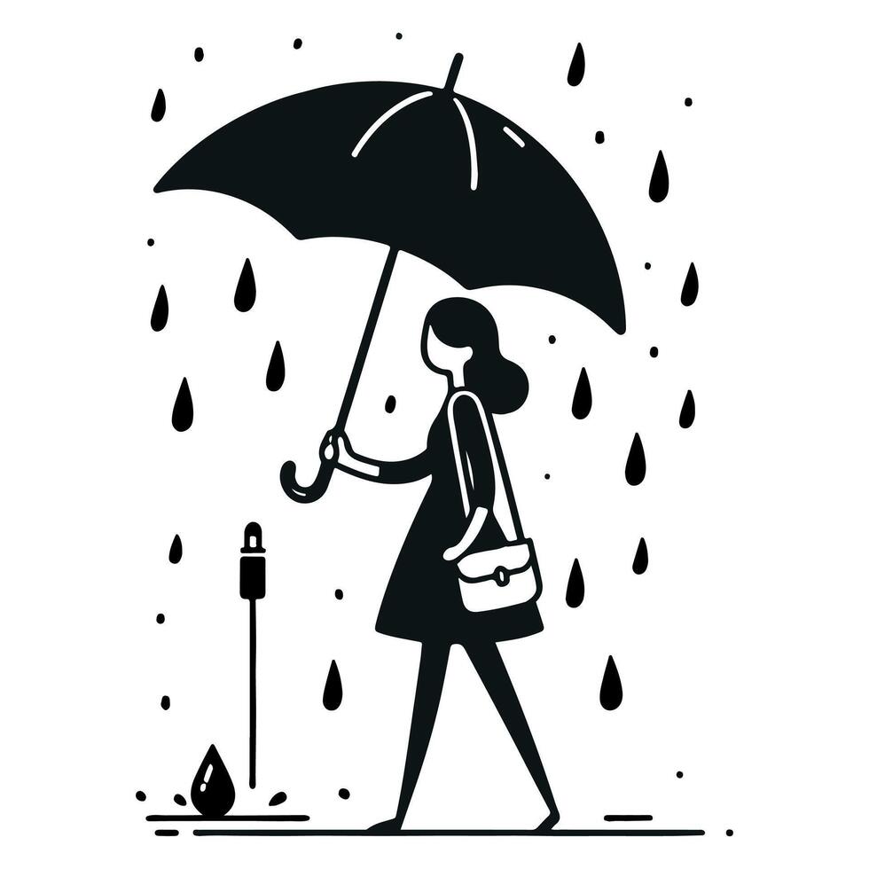 There is a woman holding an umbrella in the rain black and write vector