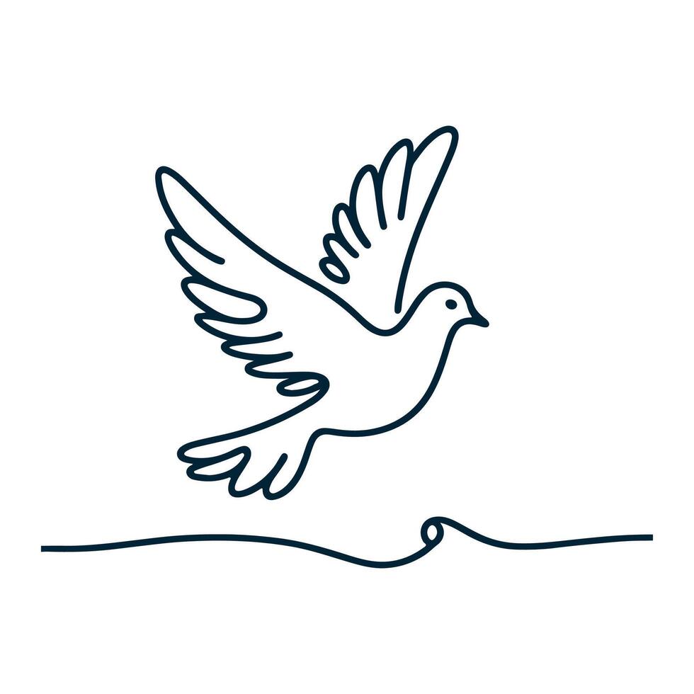 One continuous line drawing of flying up dove. Where, Bird symbol of peace and freedom in simple linear style. Mascot concept for national labor movement icon isolated on white. Doodle illustration vector