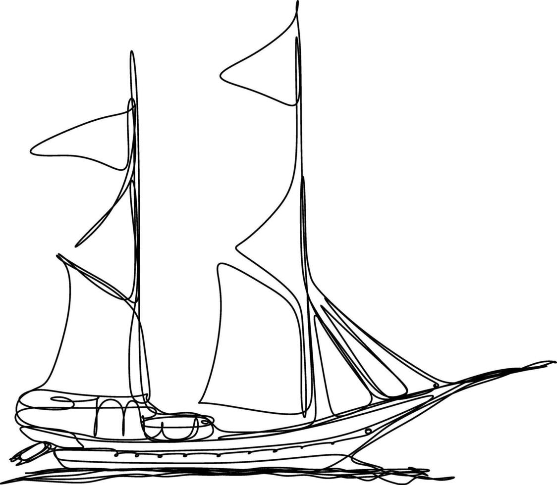 One line art. continuous line art. a traditional ship sailing in the ocean vector