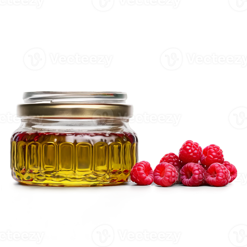 Red raspberry seed oil in a clear glass jar with a cluster of red raspberries png