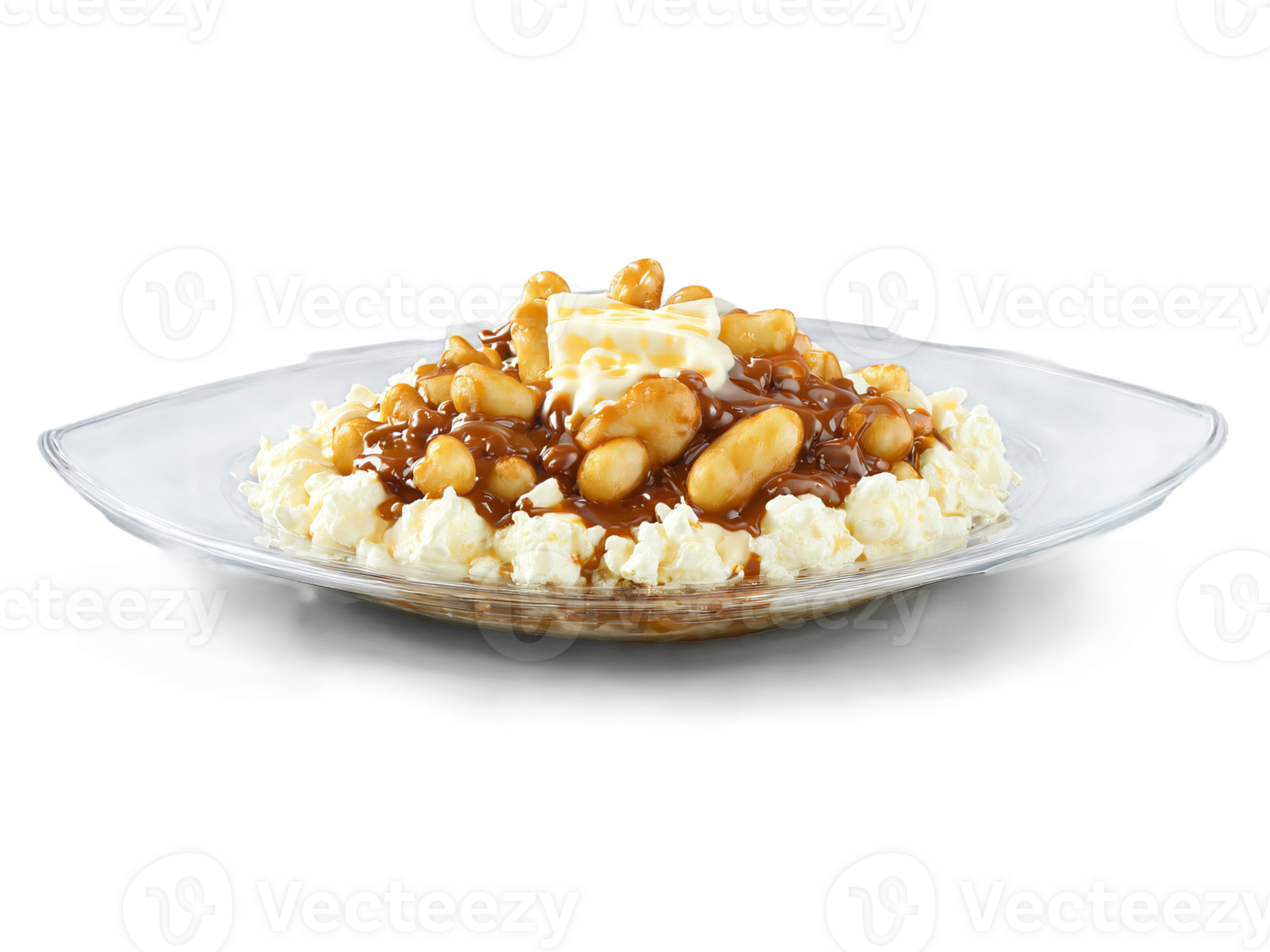 Poutine with fresh cheese curds and rich gravy served on a transparent glass dish Canadian png